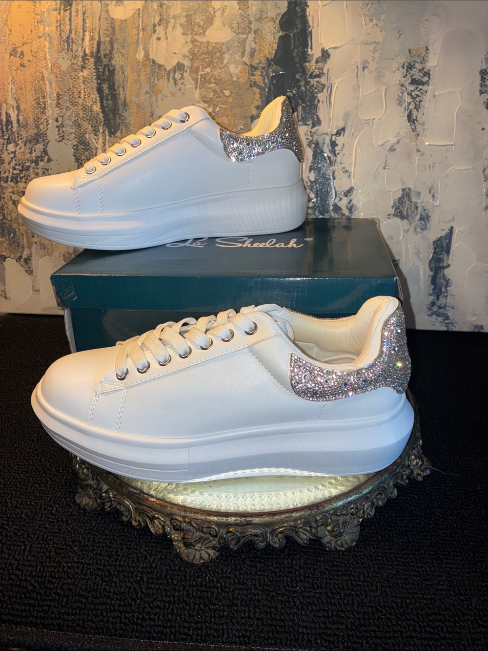 NIB La Sheelah Platform Sneakers with Silver Glitter Heel - Women's 8.5